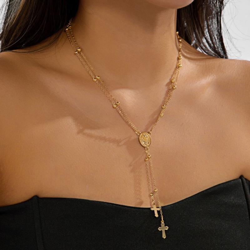 Heilige Mutter Kruzifix Anhänger An Y-förmiger Doppellagiger Kettenhalskette Legierung Schmuck Für Stilvolles Und Bedeutsames Tragen