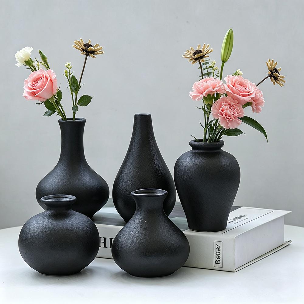 5Pcs Black Ceramic Vase Set Modern Minimalist Matte Flower Vases for Home Deco Living Room Table Centerpiece Wedding Party Decor