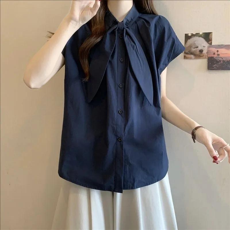 

Female s Solid Color Short Sleeved Shirt Loose Round Neck Single Breasted Blouses Summer New Chic Versatile Clothing XXXL білий