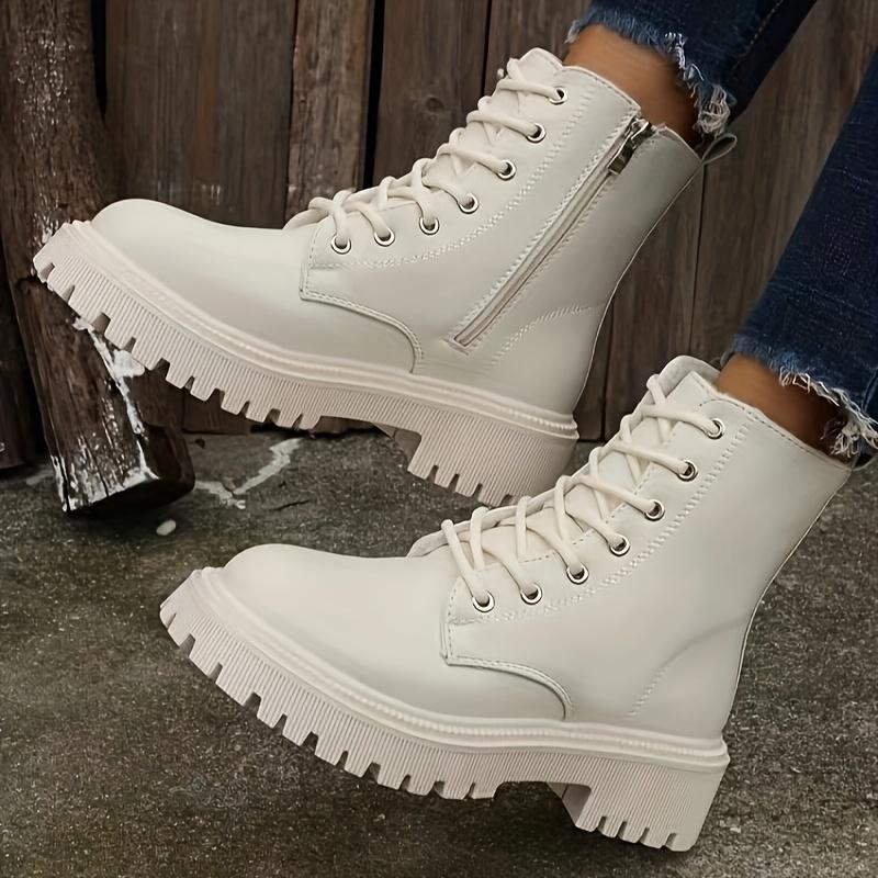 Botas femininas plataforma curta pelúcia cor sólida cadarço zíper lateral tornozelo botas inverno sapatos femininos tamanho grande 42 sapatos femininos
