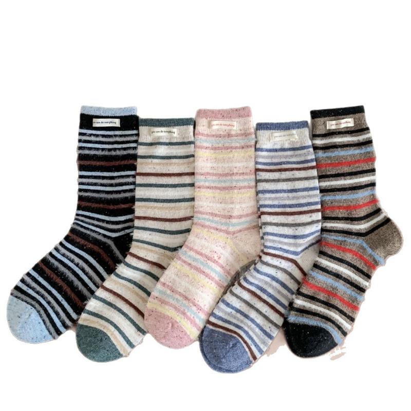 Wool Patterned Yarn Striped Mid-calf Socks, Winter and Autumn Thick and Warm Wool Socks, Pile Socks