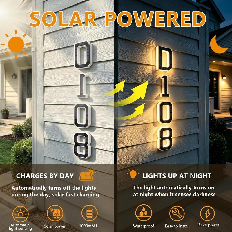 LED Solar House Number Light, Waterproof Light‑Sensor Address Plate for Home Entrance Yard Wall Fence Gate Outdoor Household Decoration