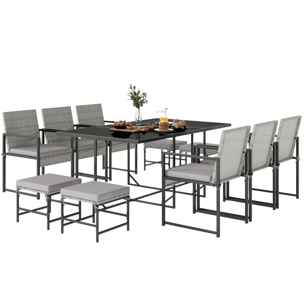 11-Piece Patio Dining Set, Outdoor Furniture With 6 Armchairs, 4 Poufs, Grey