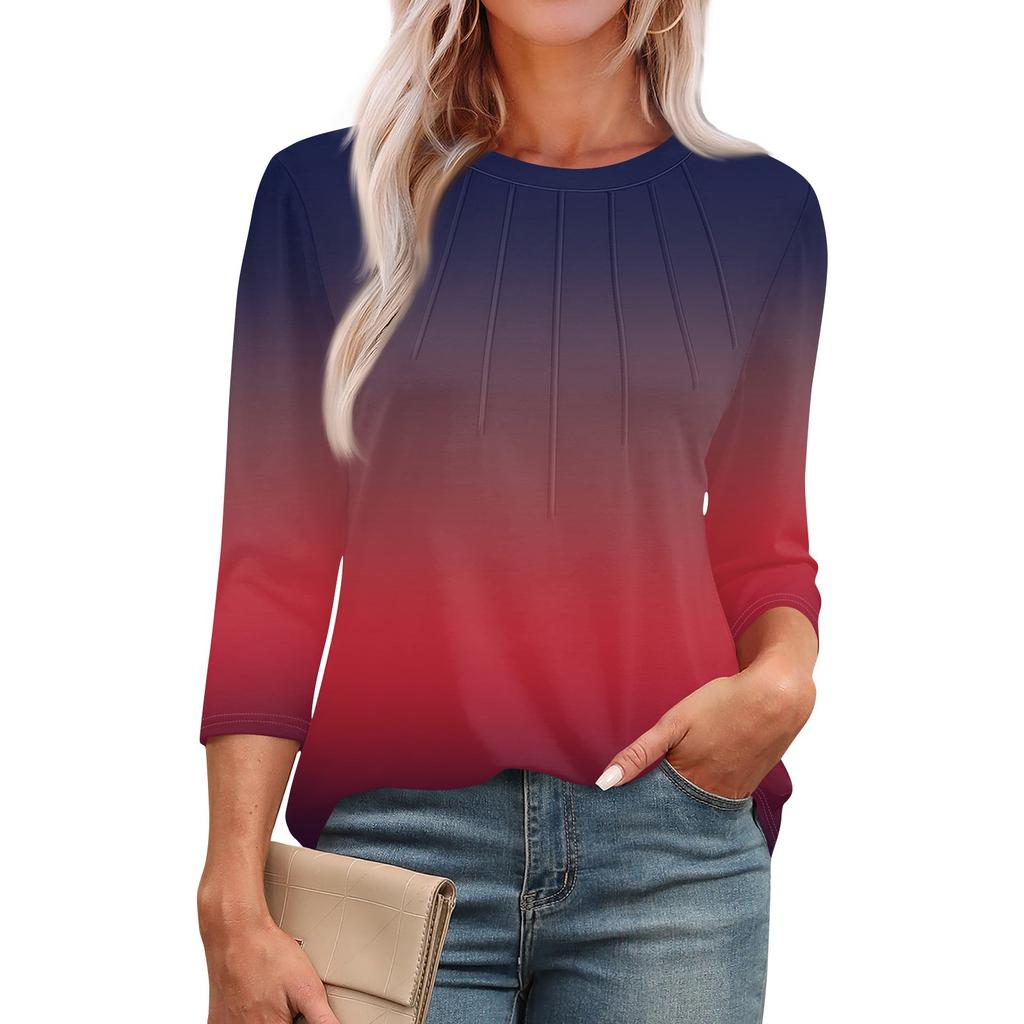 Omen's Modisches Rundhals 3/4-Ärmel Bedrucktes Lässiges Basic Plissiertes Pullover T-Shirt Top