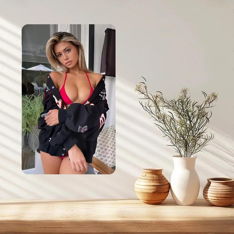 1PC 2D Vintage Metal Sign Sexy Curvy Woman Red Bikini Black Jacket 2D Metal Wall Art - Home Cafe Bar Decor Xmas Gift
