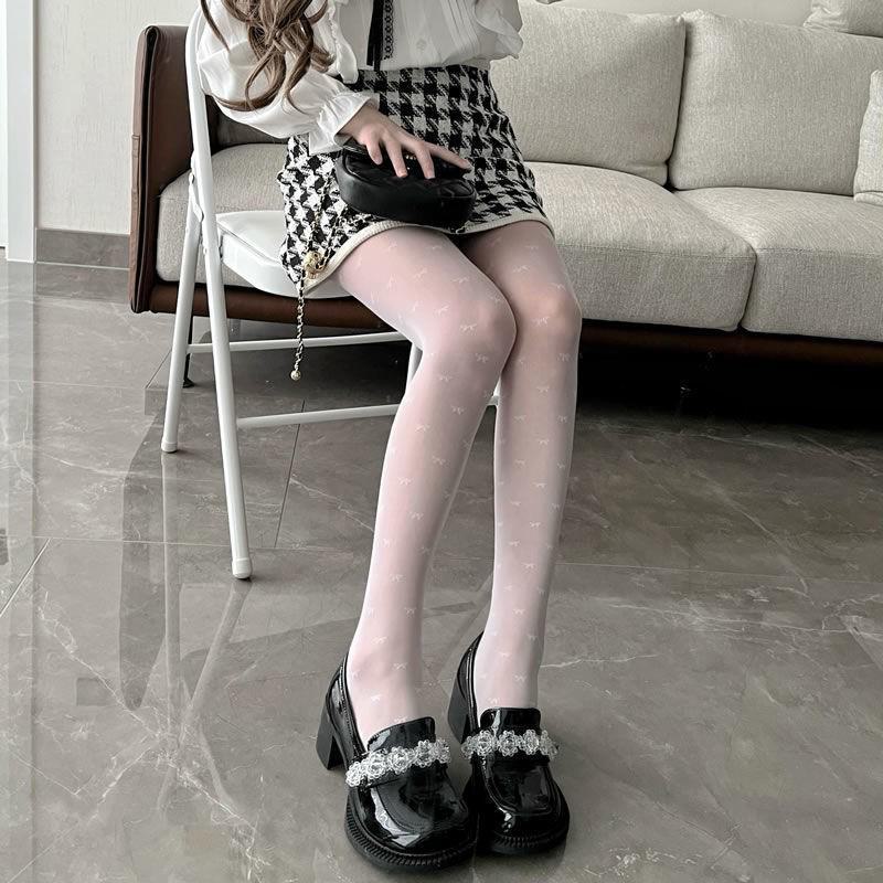 Women's White Polka Dot Silk Stockings with Black Bow - Spring/Summer Lolita Style