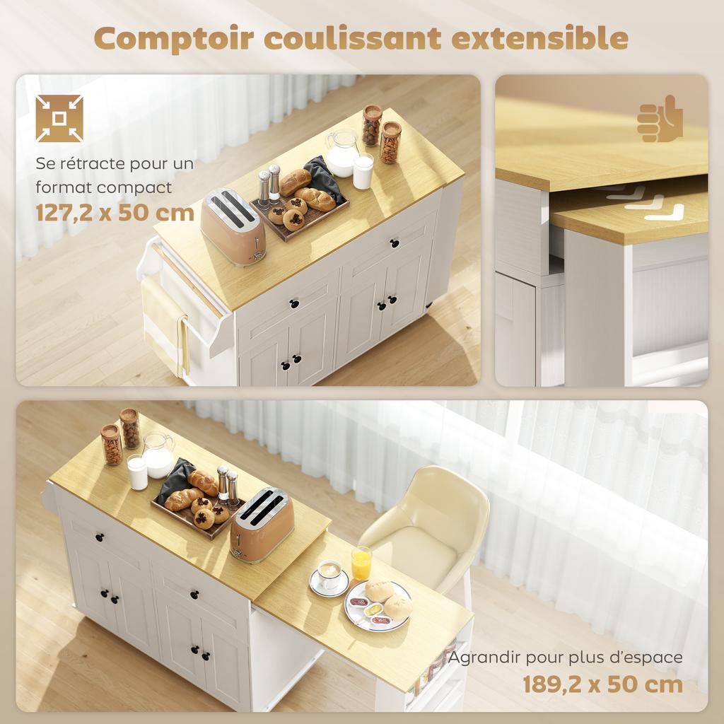 Kitchen Island with Extendable Top, Trolley on Casters, 2 Drawers, 4 Doors, White
