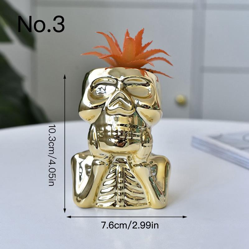 Creative Golden Skull Flower Pot Succulent Pot Ceramic Planter Home Decor Desktop Ornaments Bonsai Plant Pot Garden Decoration