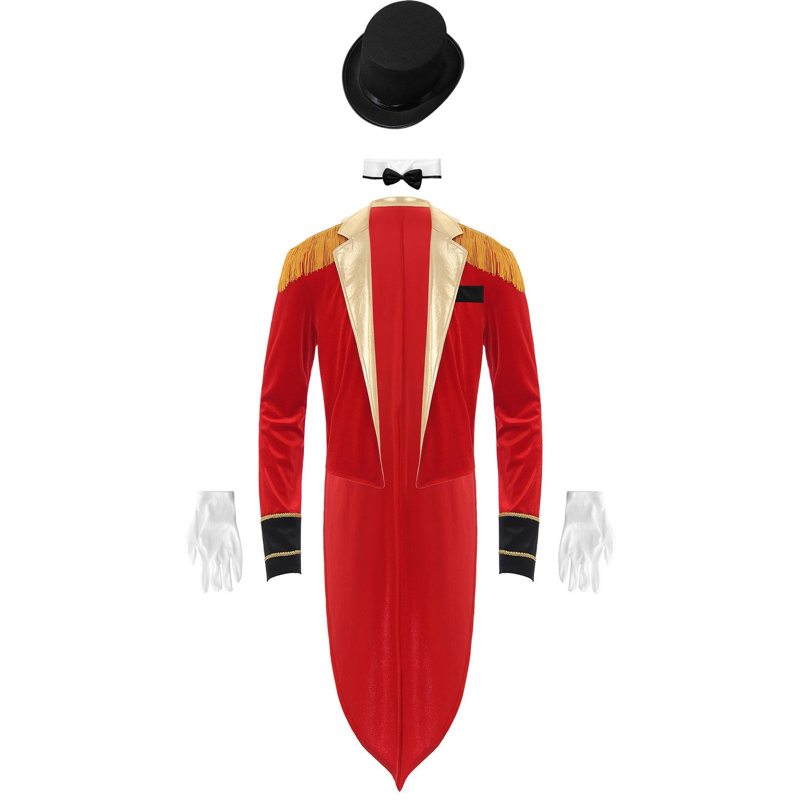 

Mens Circus Ringmaster Costume Set Long Sleeve Lapel Fringed Shoulder Tailcoat Jacket Hat Collar Gloves Carnival Cosplay S червоний