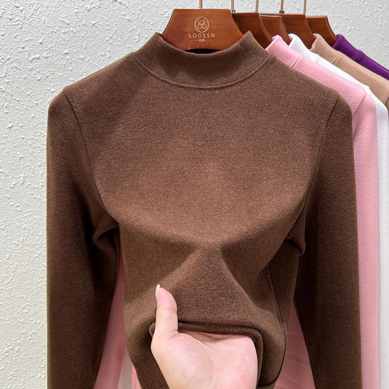 Crew neck German velvet bottoming shirt women's spring and summer new double-sided integrated velvet thickened slim-fitting long-sleeved inner top