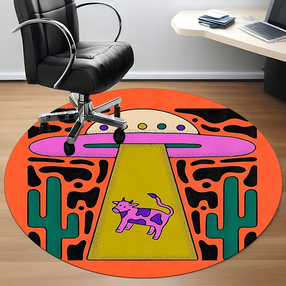 1pc UFO Cow Office Round Area Rug, Indoor Mat Suitable For Office, Under Office Chairs Bedroom Living Room Home Decor, Room Deco