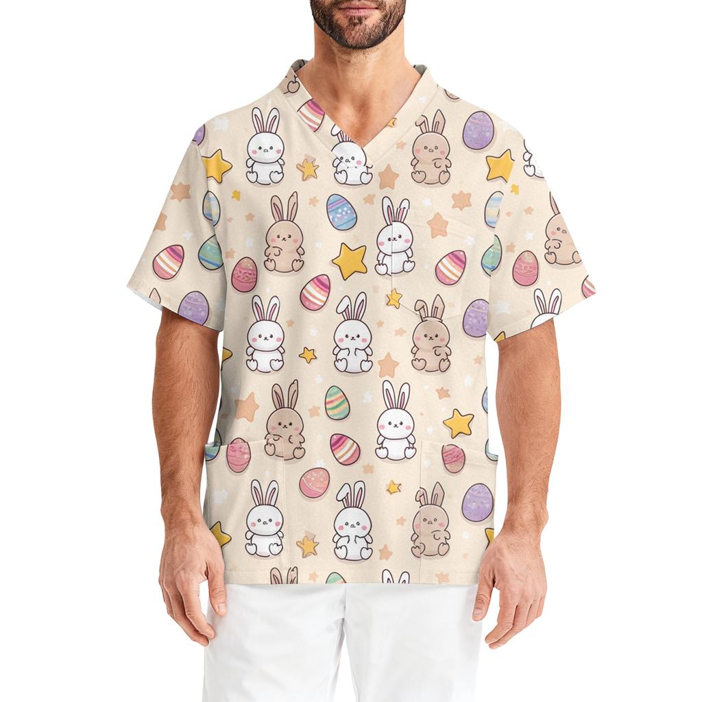 Men's Printing Short Sleeve V-neck Working Blouse Chest Pocket Carer Top