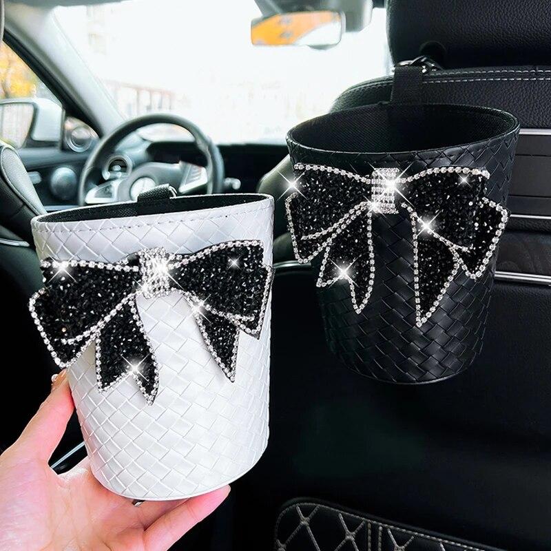 Kreativer gestrickter Leder-Auto-Mülleimer mit Schleife für Kopfstütze, Mini-Auto-Auslass, Lüftungsschlitz, Müllbeutel, Müllaufbewahrungsbox für Frauen