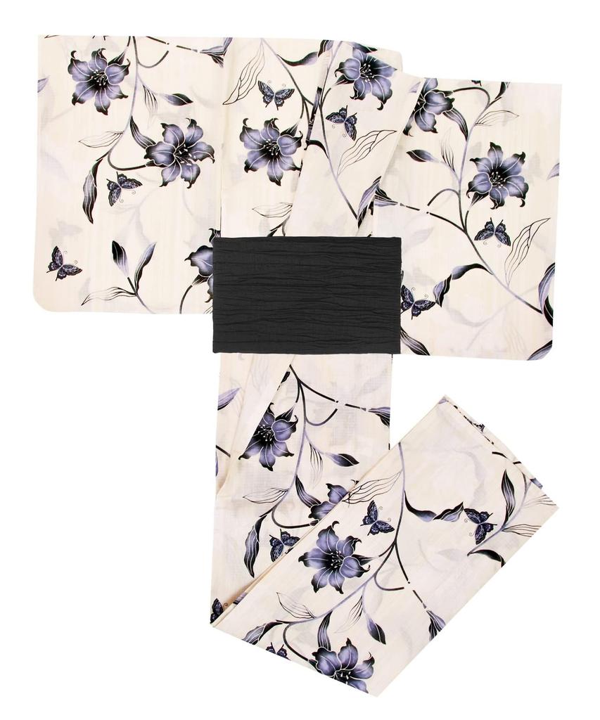 Yukata Ecru Change Set Heiko Junior Girls Black Age Feather Illusion [KYOETSU] Set, Girls, E, Weave, 2-piece (Yukata, Obi), (130cm, 4. Survey)