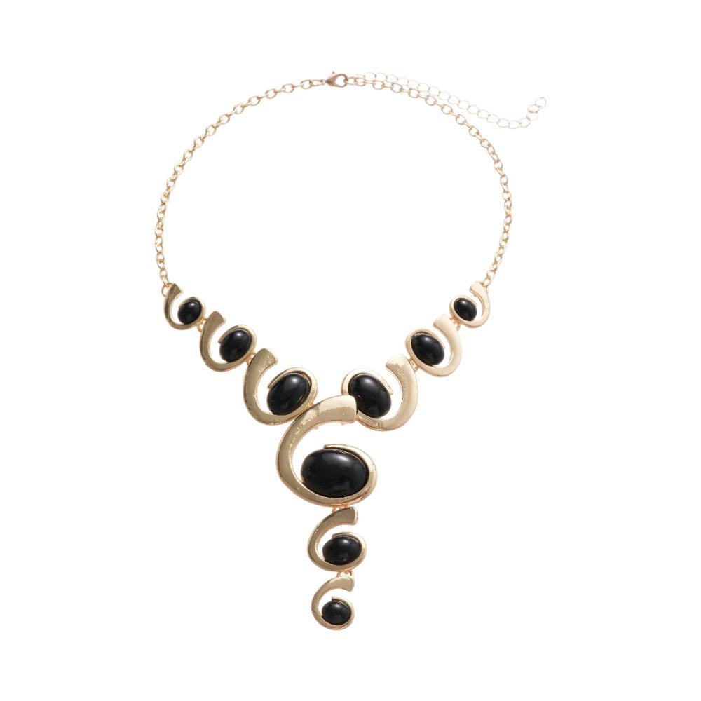 Exaggerated Temperament Geometric Gold Color Spiral Snail Shape Black Oval Pendant Necklace Earring for Women Fashion Jewelry