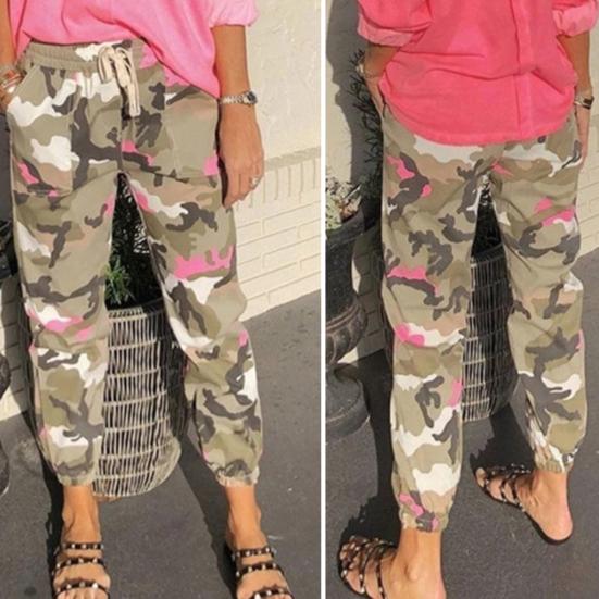 Women Pants Camouflage Print Pockets Elastic Waist Full Length Casual Loose Women