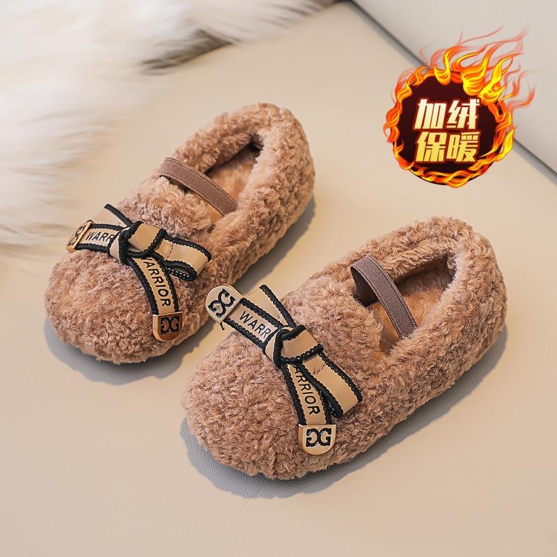 Children's Woolly Shoes Female Autumn and Winter Network Red Cute Cotton Shoes Girls' Beanie Shoes with Velvet Warm Baby Wear