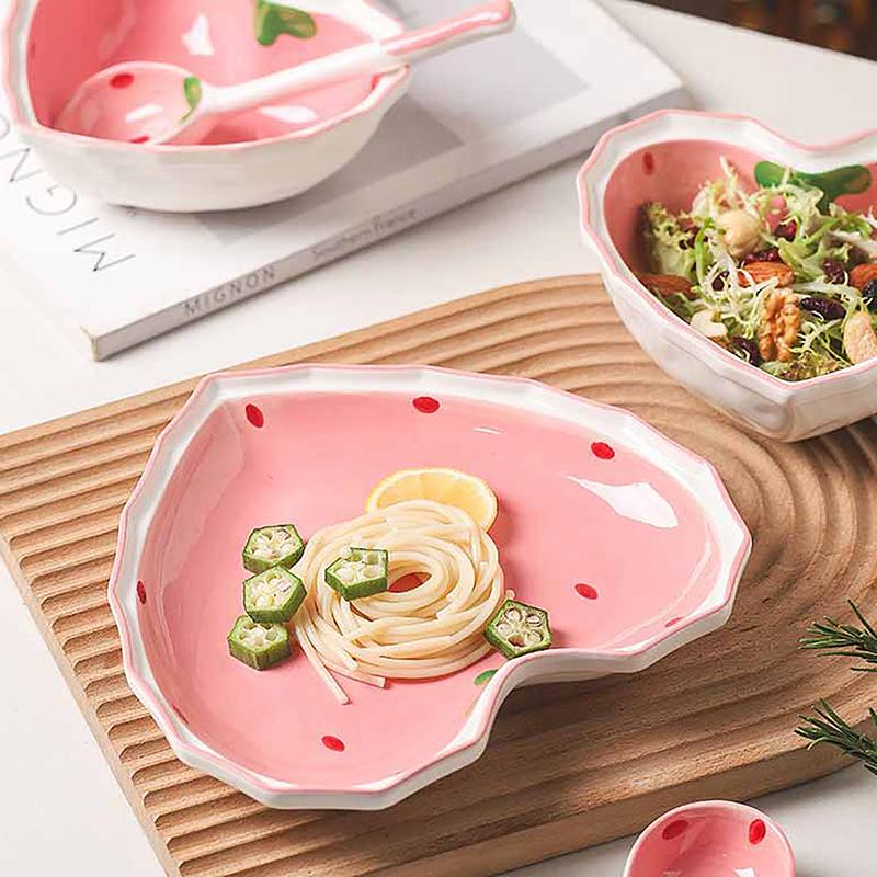 Strawberry Bowl Spoon Plate Set Beautiful Girl Heart Bowl Salad Bowl Dessert Household Tableware