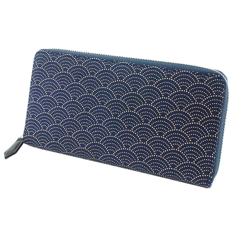 Inden-ya Inden Wallet, Long Wallet, Y-Shaped, Round Zipper, Deerskin Leather, Navy Blue with White Lacquer, Seigaiha Pattern, 2111-14-004