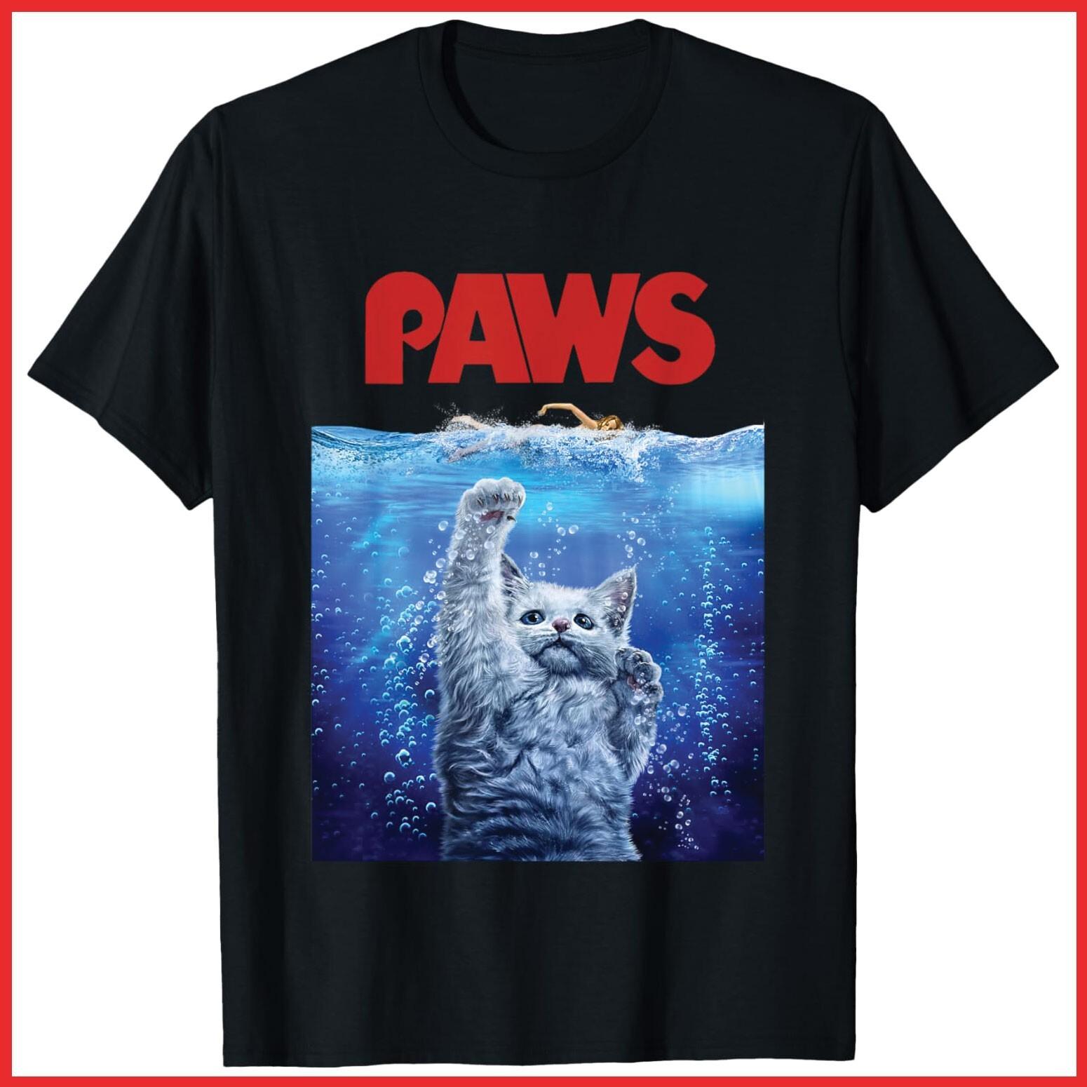 White Cat Attack Swimmer Paws Black Cotton T-Shirt S-5XL L