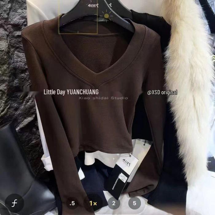 

Women s Sexy V-neck Fleece Lined Long Sleeve Slim Shirt Coffee