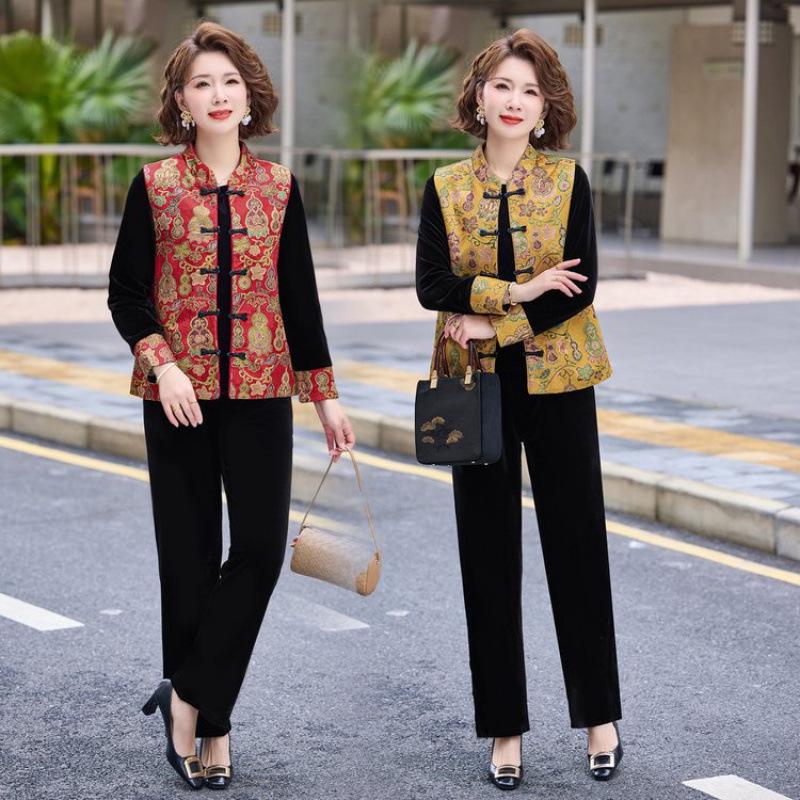 Spring Chinese Style Versatile Casual Vest Top & Frog Button Vest 3-Piece Set for Middle-aged and Elderly Moms