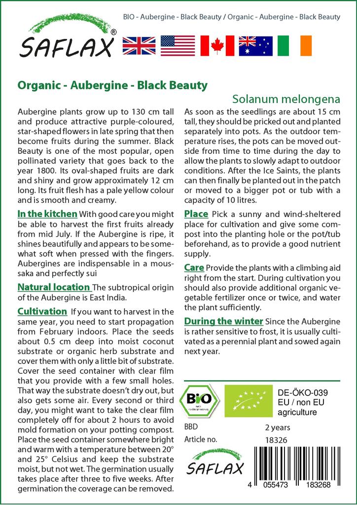 SAFLAX Garden In the Bag - Organic - Aubergine - Black Beauty - 25 Seeds - With Substrate In a Fitting Stand Up Bag - Solanum Melongena