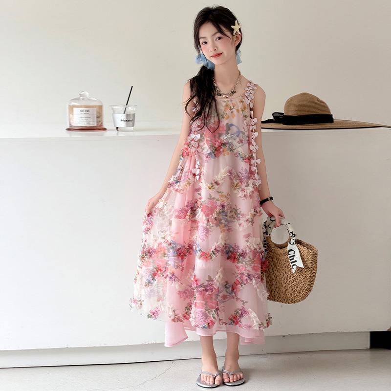 Girls 2026 Floral Spaghetti Strap Beach Dress - Sleeveless Summer Style for Older Children 120 cm