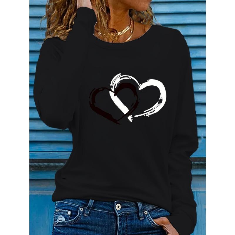 Two heart-shaped printed round neck women's long sleeved T-shirts