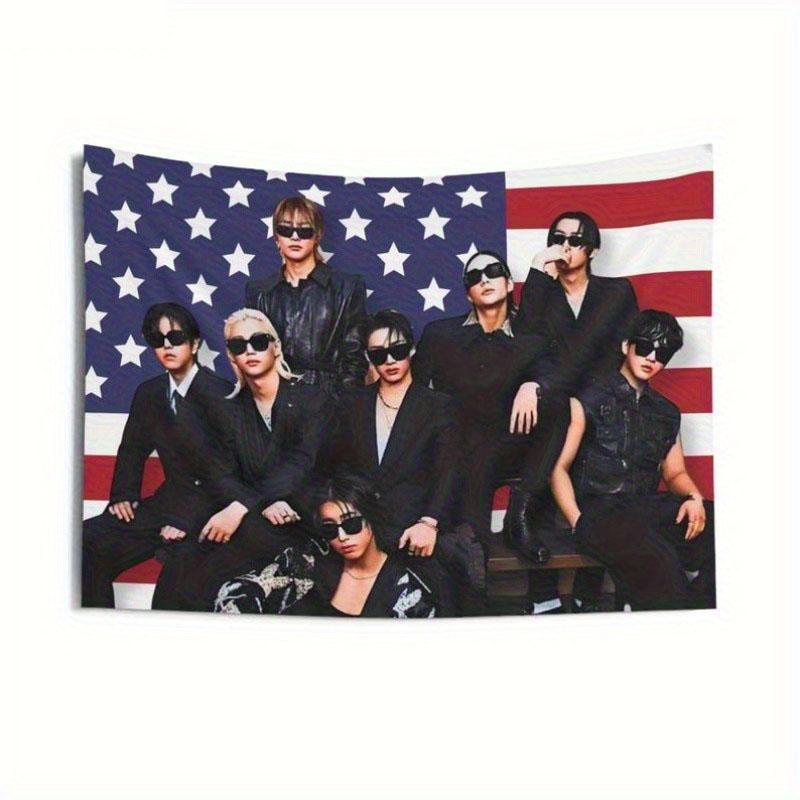 Wanderer Tour KPop American Flag Banner Official Merch Red White Blue Canvas with Member Photos Lightweight Polyester Decor 74x94cm(29x37in)