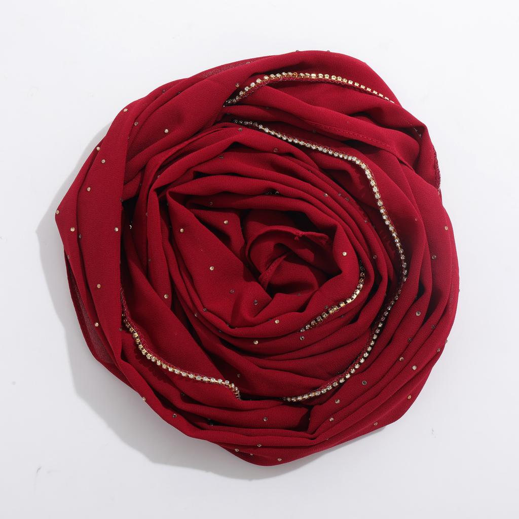 Fashion Hot Sale High-Quality Pearl Chiffon Rhinestone Chain Scarf Shawl Muslim Women Hijab Ethnic Headscarf