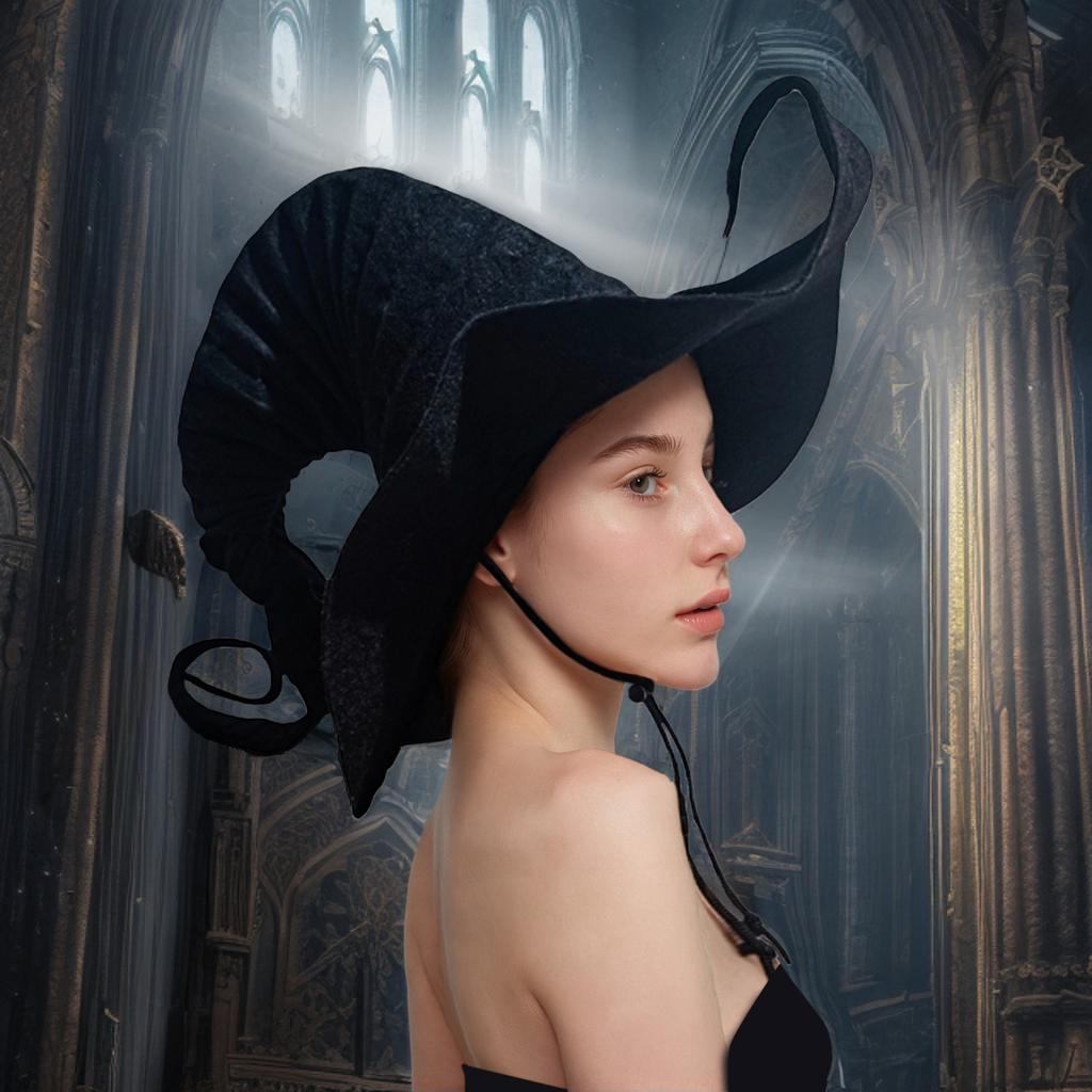 Witch Hat with Chin Strap Pleated Gothic Halloween Hat Elastic Wind Cord for Adults & Kids New Arrival Halloween Accessories