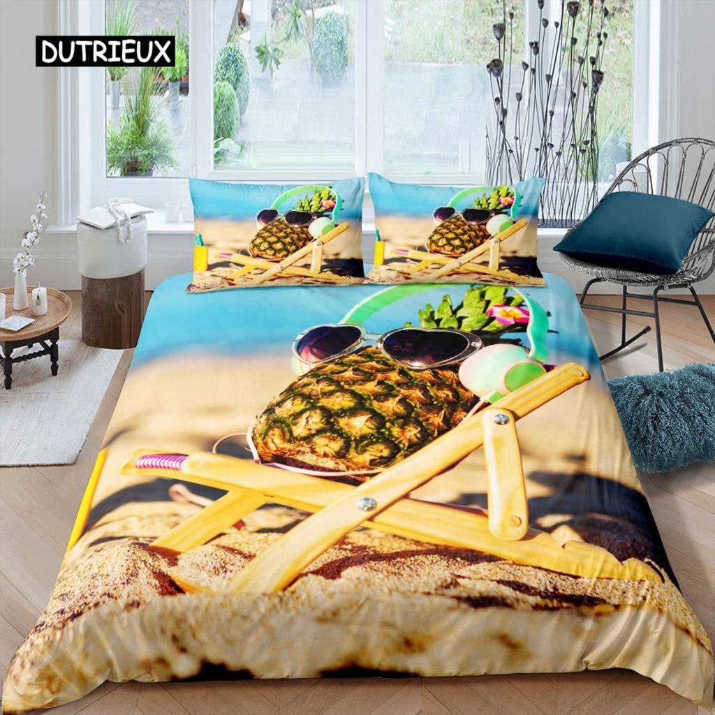Pineapple Duvet Cover Set King Size Yellow Geometric Pineapple Bedding Set Seaside Beach Theme Fruit Printed Comforter Cover