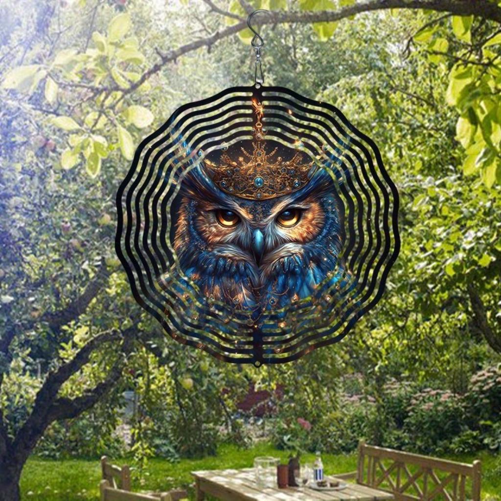 Metal Wind Chime with Crowned Owl Design Dual Direction Spinning No Electricity Needed for Garden Patio Yard Outdoor Decoration