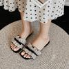 Fashion Plus-size Flat Slippers Women Fashion Square Head Open Toe Crystal Butterfly Knot Non-slip Wear-resistant Flip-flops
