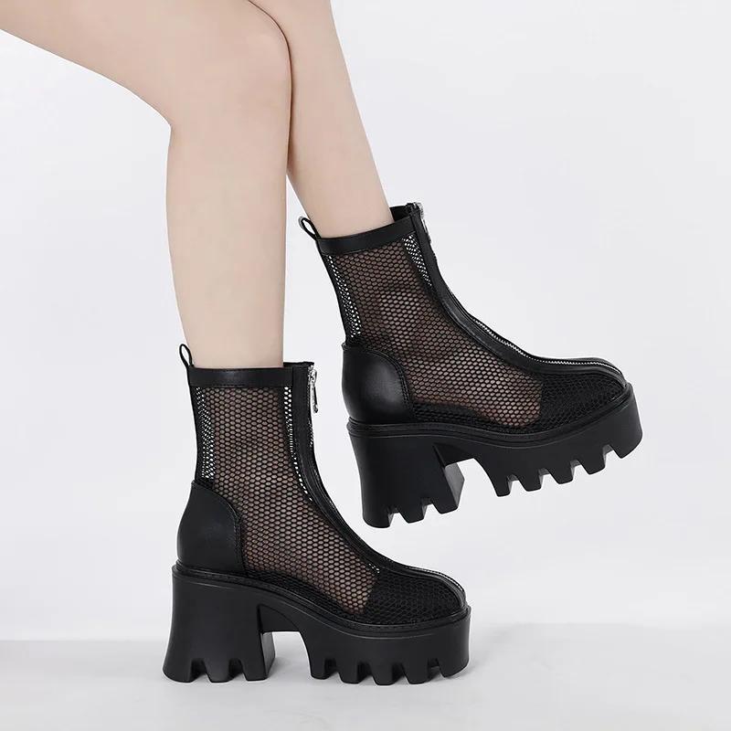 Fashion 2025 New Super High Heel Fashion Net Boots Women Flock Platform Zipper Ankle Boots Spring Summer Thick Heel Round Toe Boots