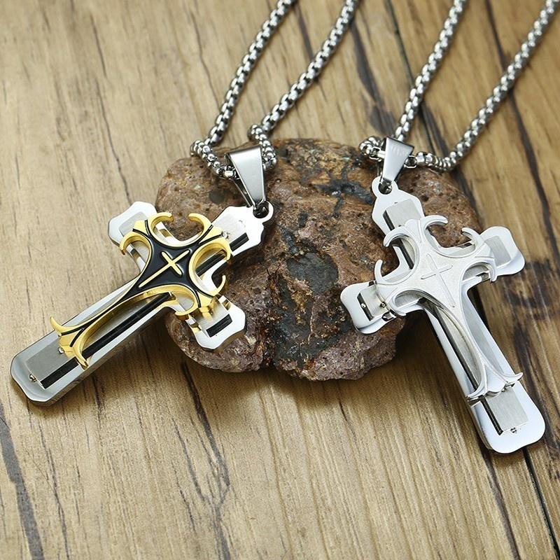 Stylish Men's Cross Necklaces, Waterproof Stainless Steel Catholicism Cross Pendant Collar, Prayer Religious Faith Jewelry