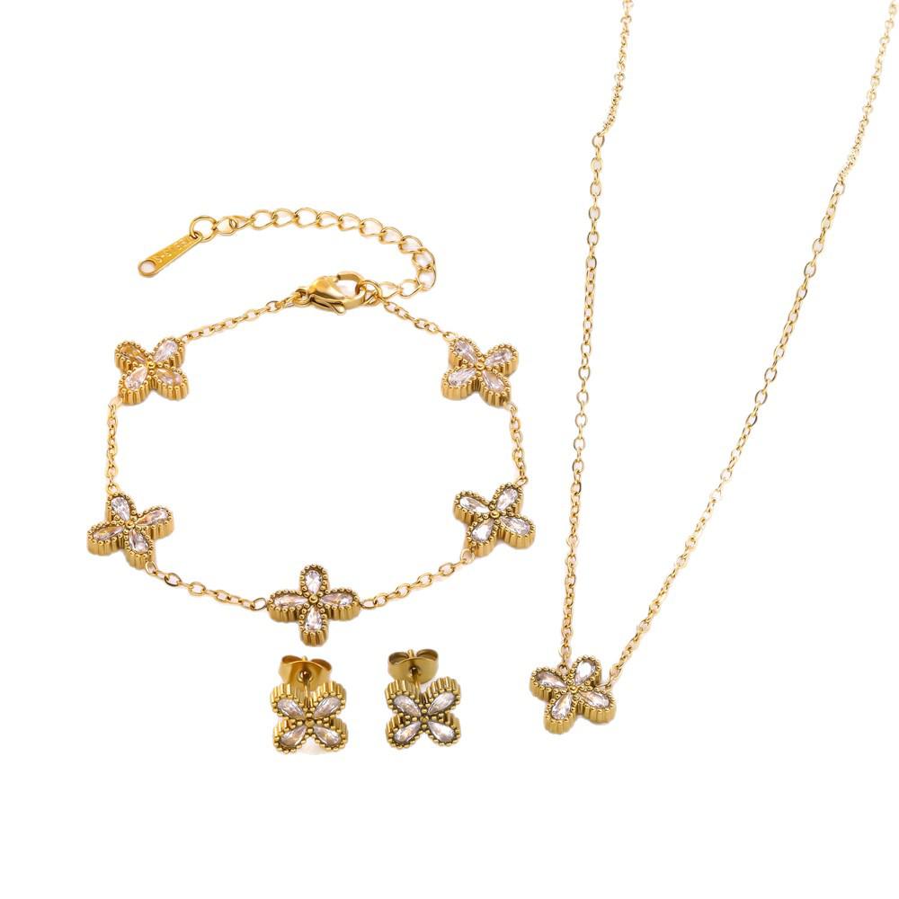 Trendy High-End Zircon Titanium Four-Leaf Clover Jewelry Set: Necklace, Bracelet, Earrings for Women
