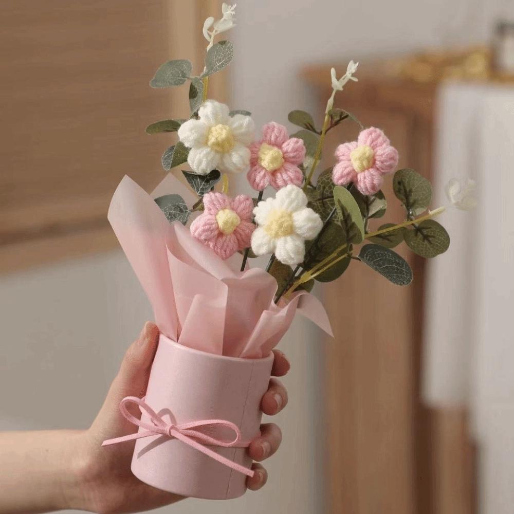 Puff Flower Crochet Bouquet Handmade Desk Decoration Artificial Flower Bouquet Eternal Flower Crochet Yarn Bouquet