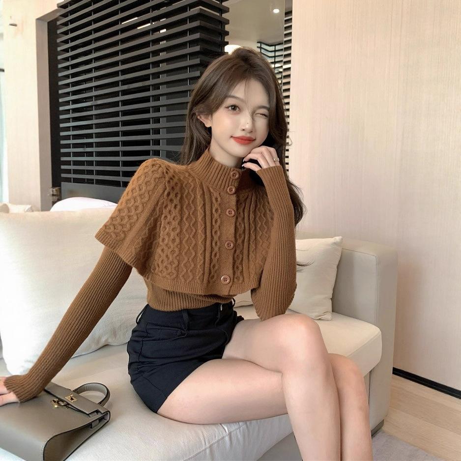 Sweet semi-turtleneck apricot sweater cape shawl bottoming knitted sweater autumn and winter new two-piece set one size fits all