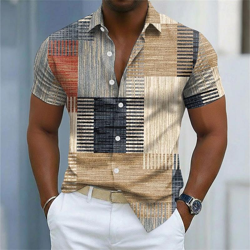 Men's short-sleeved shirt, summer thin style, men's collared shirt, retro plaid color-block print, casual loose vacation shirt.
