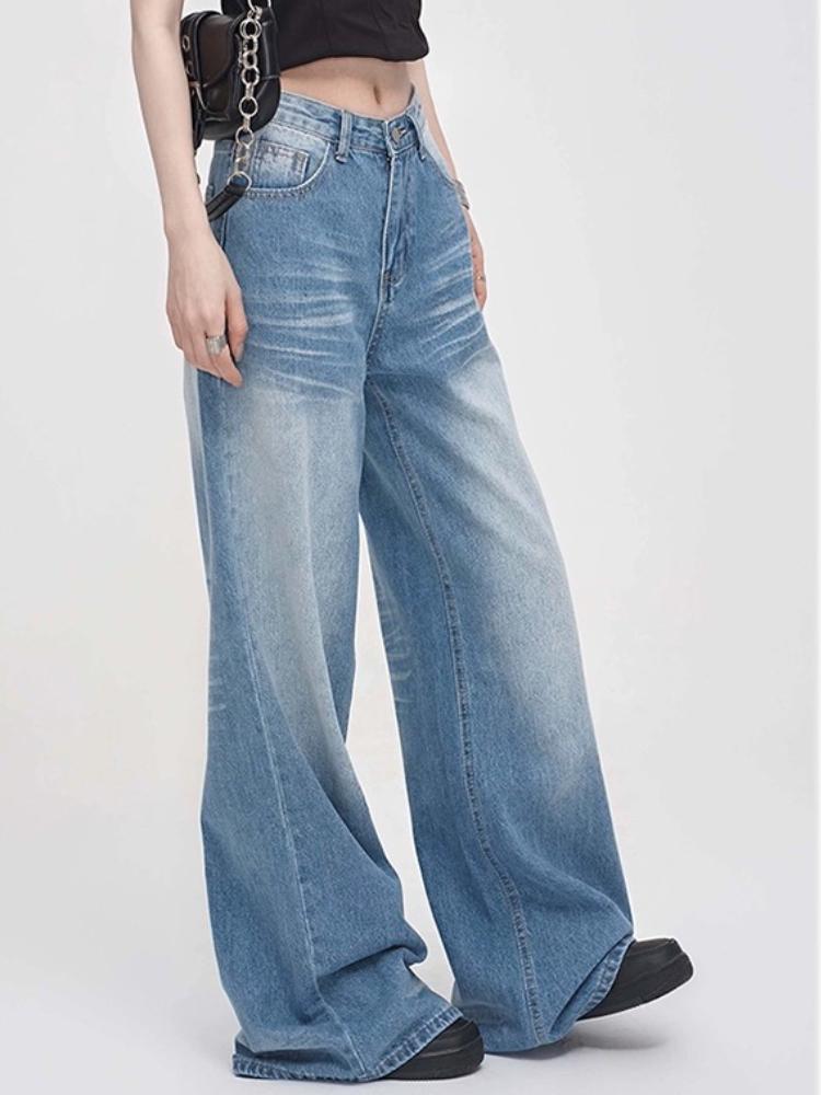 Crease Blue Elegant Washed Jeans Women All Match Vintage Mop Pants Loose Straight Fashion Design Wide Leg Pants Streetwear