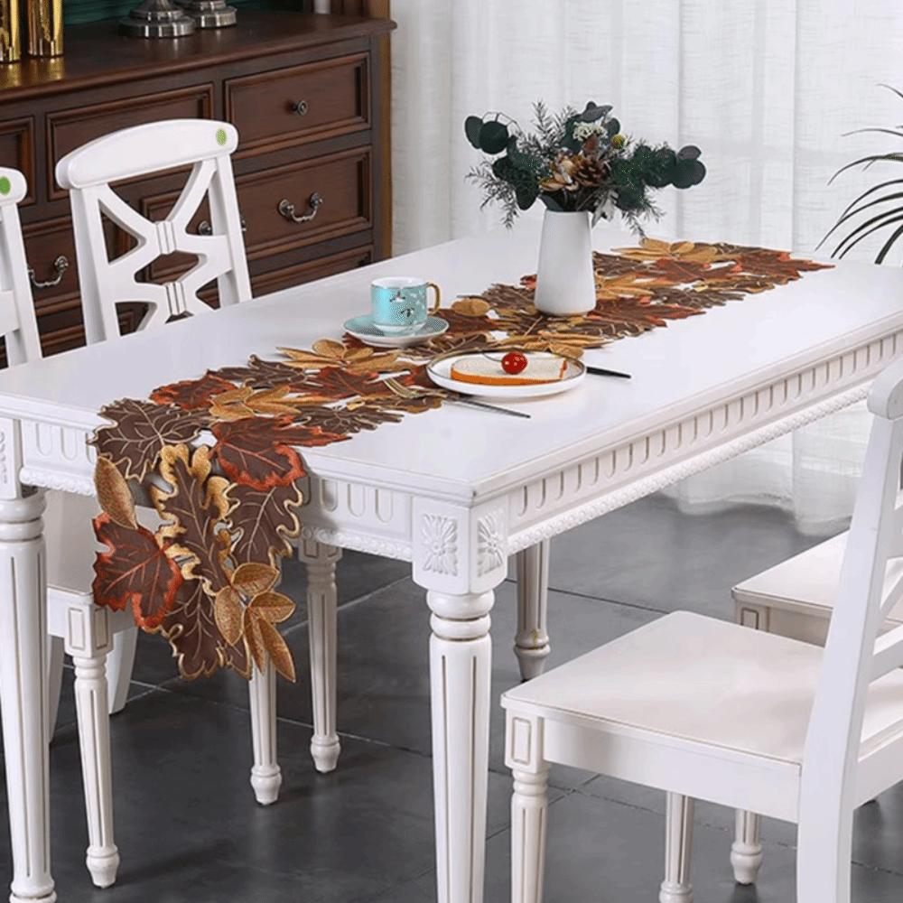 Rustic Style Maple Leaf Embroidered Table Runner Hollow Design Decorative Autumn Harvest Table Mat Brown Rectangular Table Liner