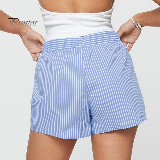 Women Summer Shorts Striped Print High Elastic Waist Retro Loose Above Knee Length Casual Sport Homewear Short Pants