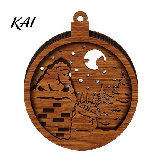 Natural Log Craft Gifts 3D Wooden Light Up Christmas Ornament, Layered House Tree Snowman Wood Engraving Decor Nativity Scene Hanging Decoration