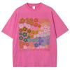 Colorful Flower Pattern T-shirt Retro Water Wash Vintage Men's and Women's Clothing Short Sleeve