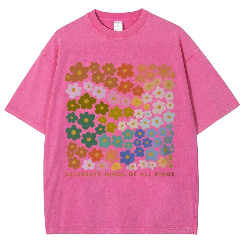 Colorful Flower Pattern T-shirt Retro Water Wash Vintage Men's and Women's Clothing Short Sleeve