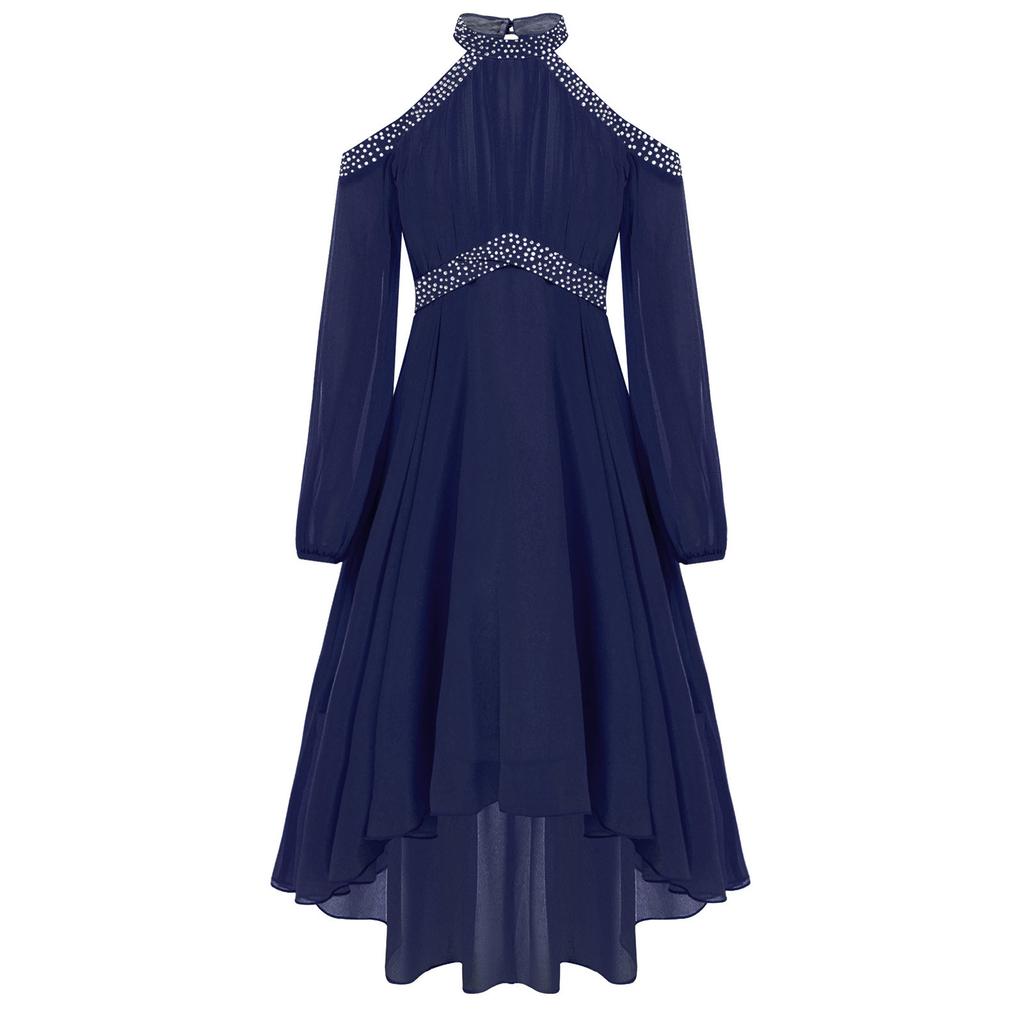 Dívčí elegantní společenské šaty Halter Odhalená ramena Dlouhý rukáv Vysoký pas Volánový nepravidelný lem Design s umělými diamanty Šaty