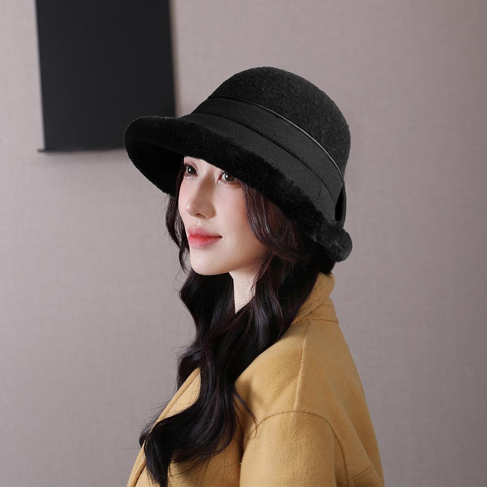 Women Vintage Wool Cloche Hat Plaids Patchwork Bucket Hat Bowler Hat with Bow