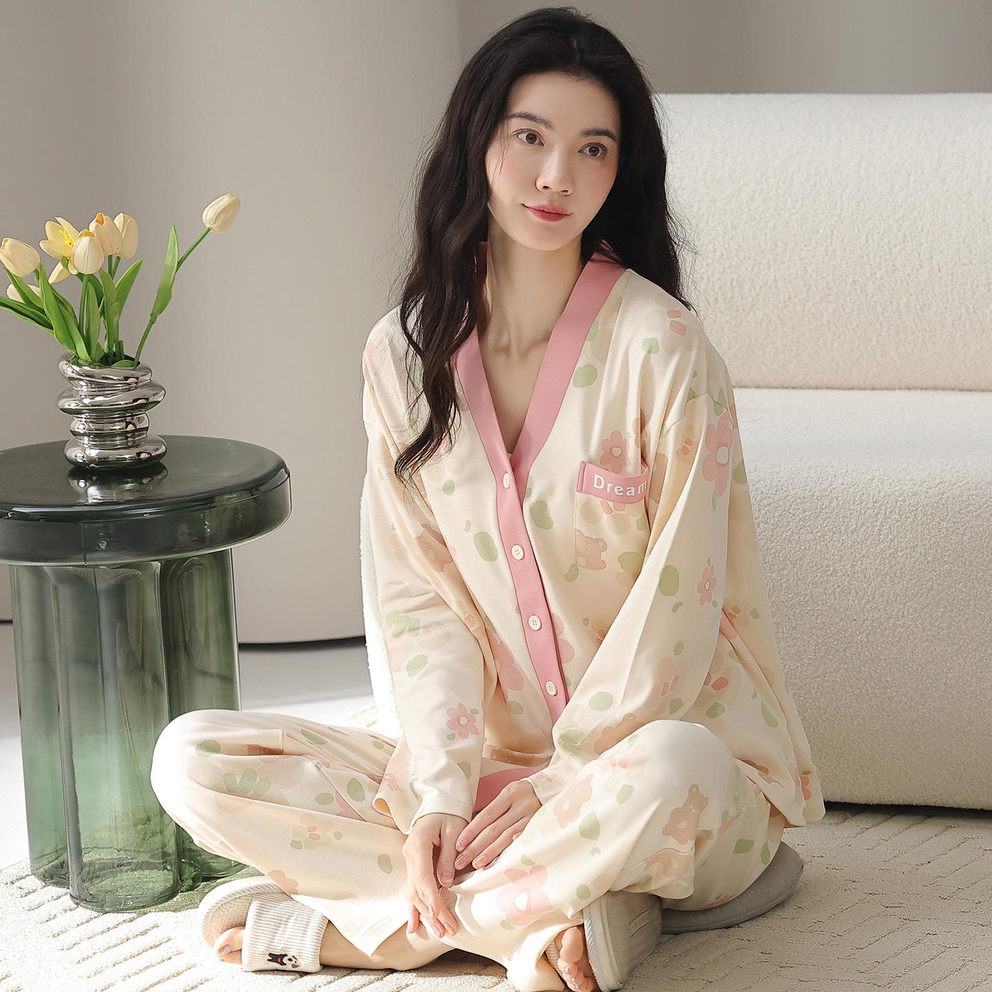 

Women s Spring/Autumn Pure Cotton Floral Pajama Set - Long Sleeve, Casual, Home Wear, 2025 Edition Extra Large